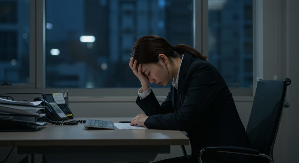 オフィスのデスクで一人、頭を抱えてうなだれるスーツ姿の若い日本人女性。窓の外は暗くなり始めている。