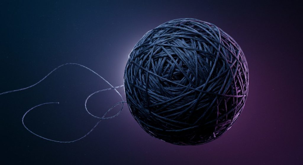 絡まった暗い色の毛糸玉が、光の手によって優しく解きほぐされていく様子の抽象的なイメージ。