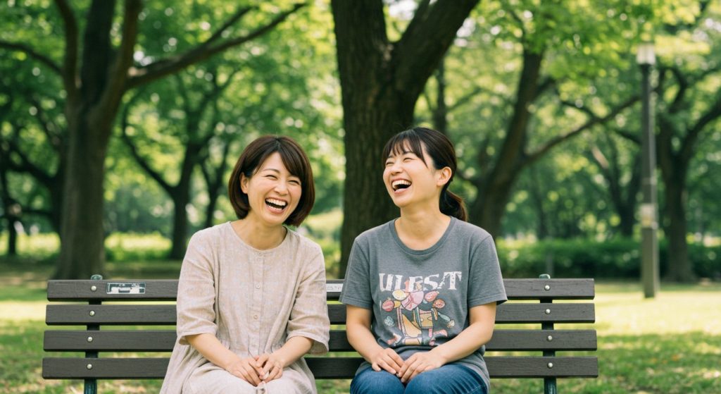 日当たりの良い公園のベンチで、心から笑い合っている30代の日本人女性二人。背後の木々は緑豊かで、穏やかな雰囲気。
