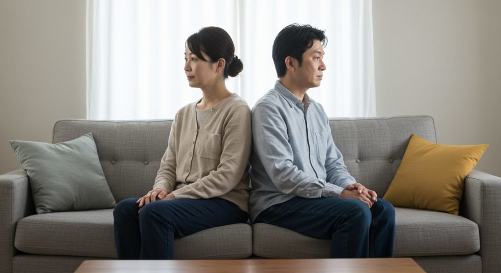 リビングのソファにそれぞれ座り、別々の方向を向いている40代の日本人夫婦。距離は近いが、間に見えない心の壁があるような寂しい雰囲気。