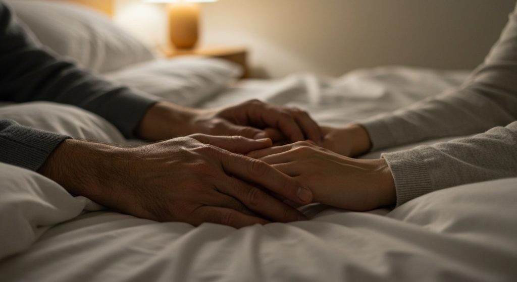 夜、寝室でベッドに横たわり、優しく手を握り合っている40代の日本人夫婦の手元。柔らかな温かい照明。