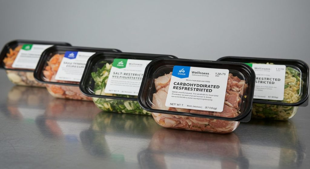 ウェルネスダイニングの塩分制限食と糖質&カロリー制限食のパッケージが並べられている様子。