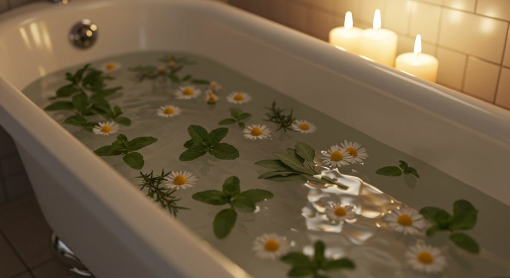 バスタブに浮かべたハーブとキャンドルの光に癒されるイメージ