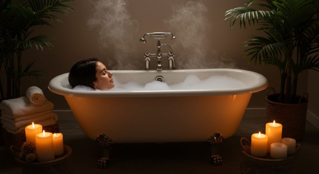 キャンドルの灯りがともるお風呂でリラックスしているイメージ